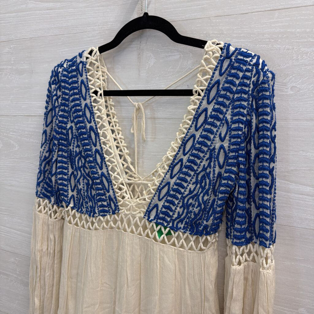 Free People Cream/ Blue Embroidered Long Sleeve Dust Till Dawn Dress 4