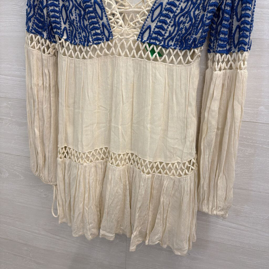 Free People Cream/ Blue Embroidered Long Sleeve Dust Till Dawn Dress 4