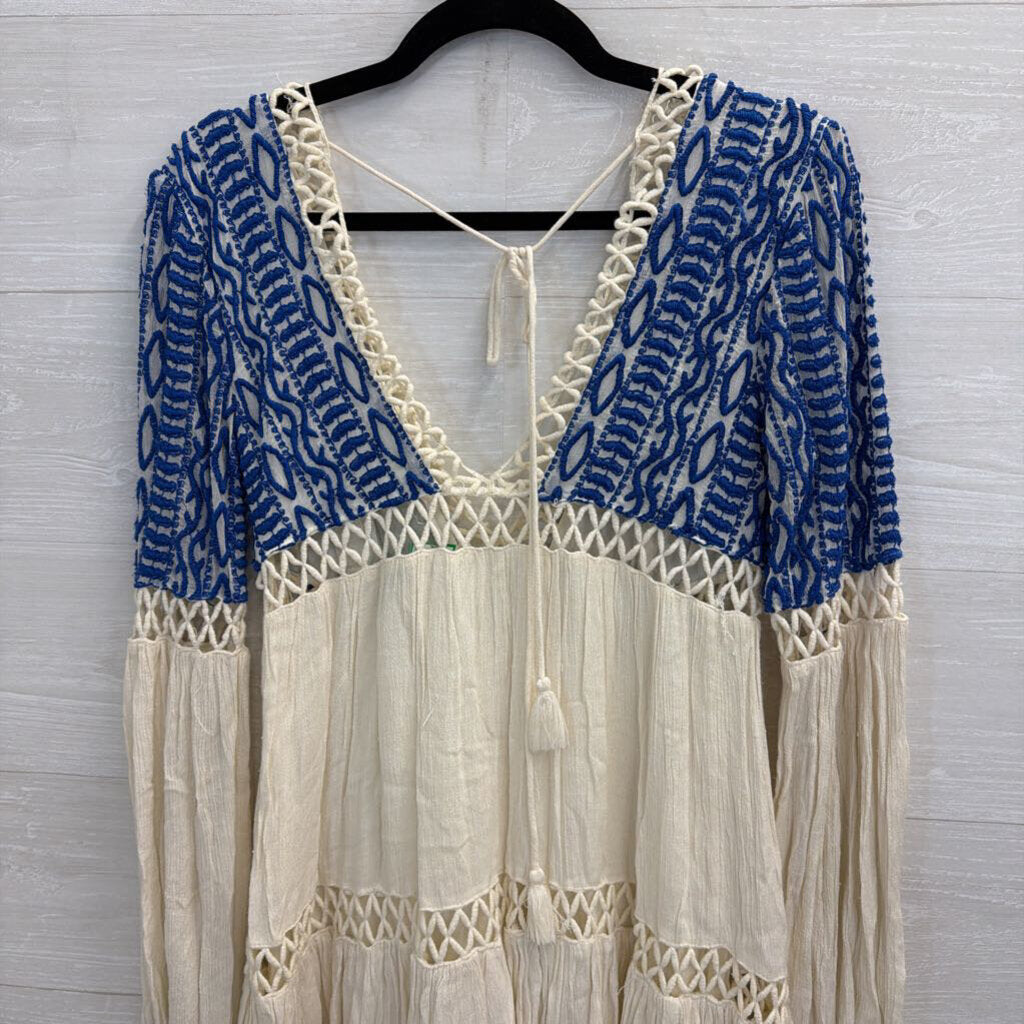 Free People Cream/ Blue Embroidered Long Sleeve Dust Till Dawn Dress 4