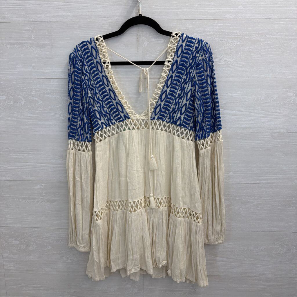 Free People Cream/ Blue Embroidered Long Sleeve Dust Till Dawn Dress 4