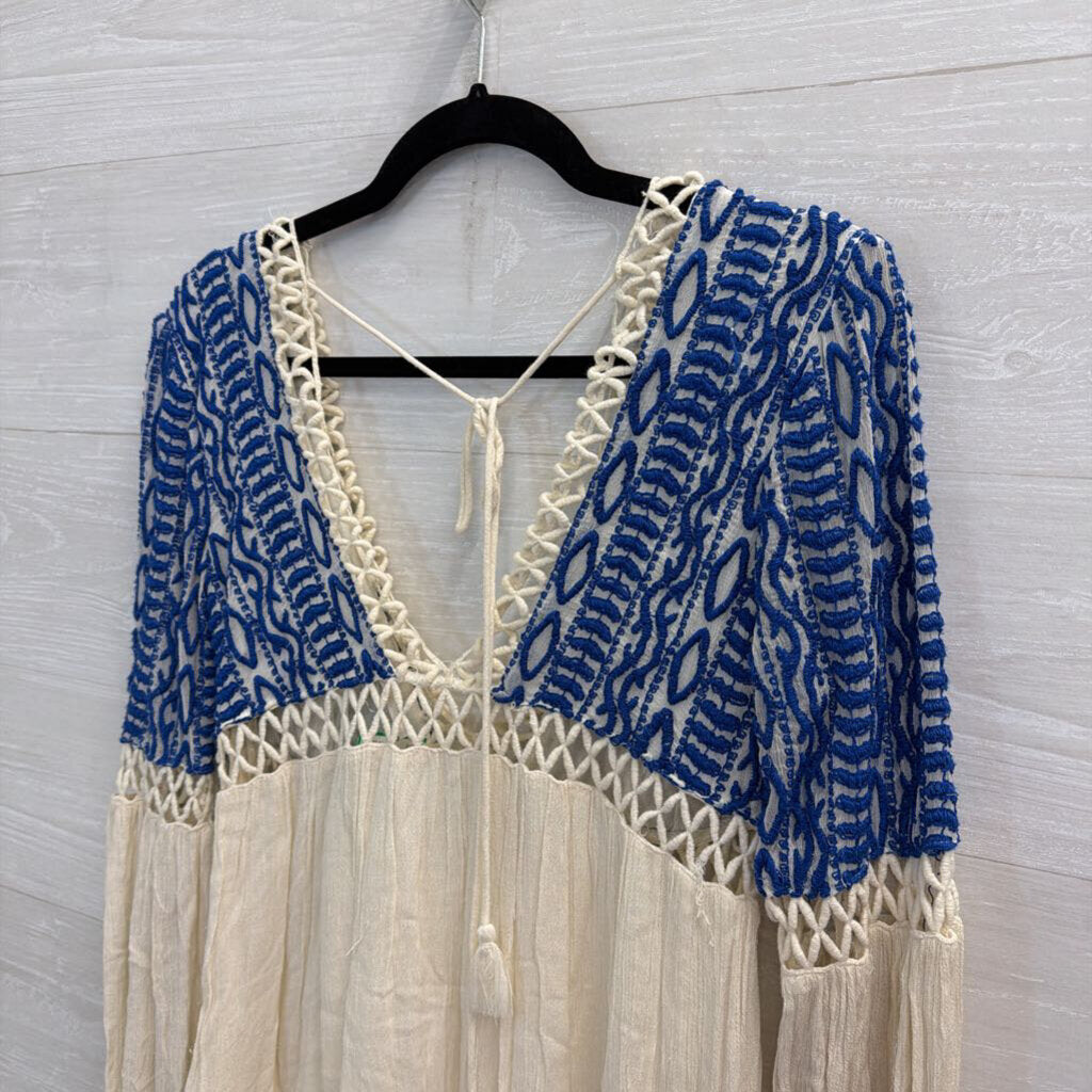 Free People Cream/ Blue Embroidered Long Sleeve Dust Till Dawn Dress 4