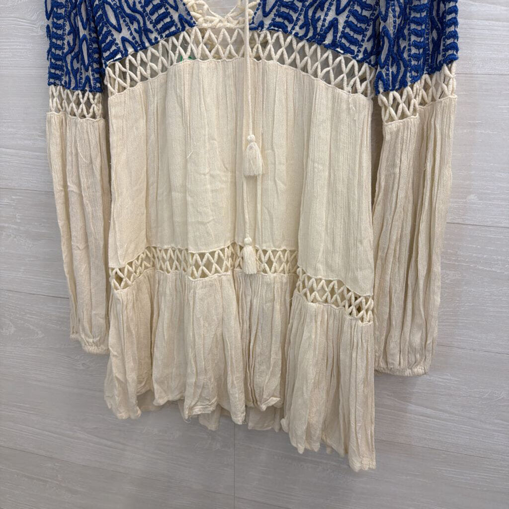 Free People Cream/ Blue Embroidered Long Sleeve Dust Till Dawn Dress 4
