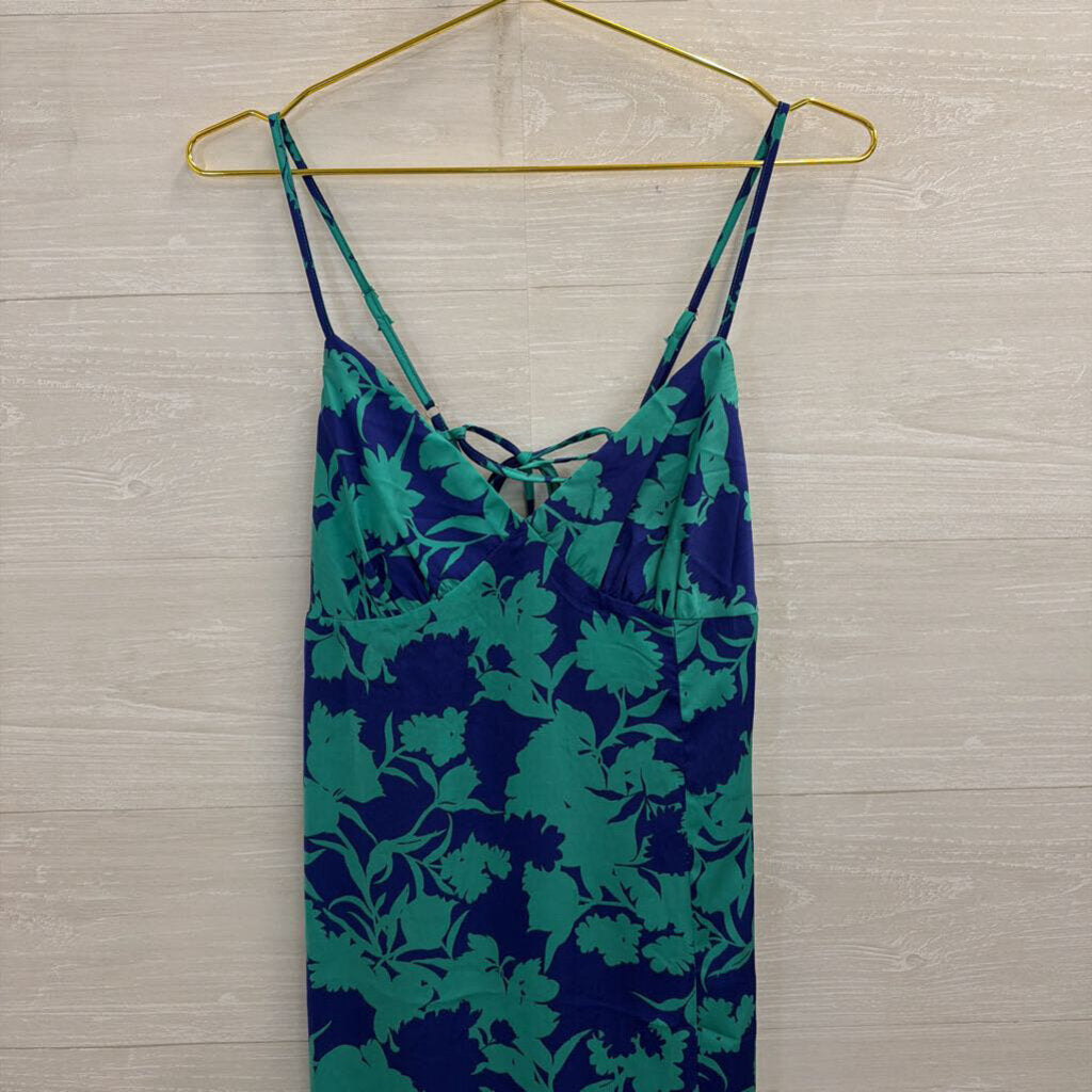 Timing Blue/ Green Print Silky Midi Dress Large