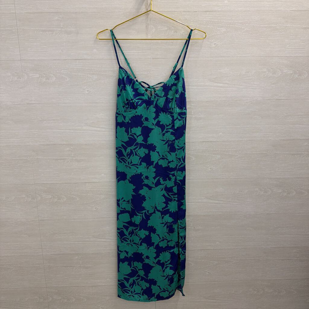 Timing Blue/ Green Print Silky Midi Dress Large