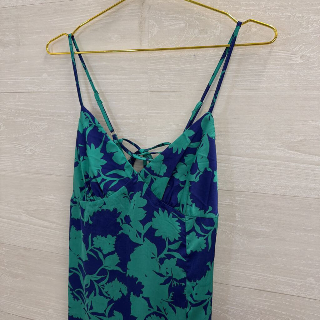 Timing Blue/ Green Print Silky Midi Dress Large