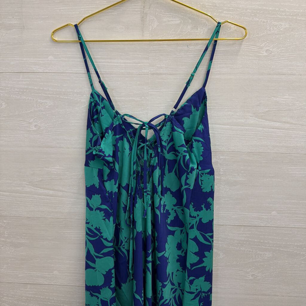 Timing Blue/ Green Print Silky Midi Dress Large