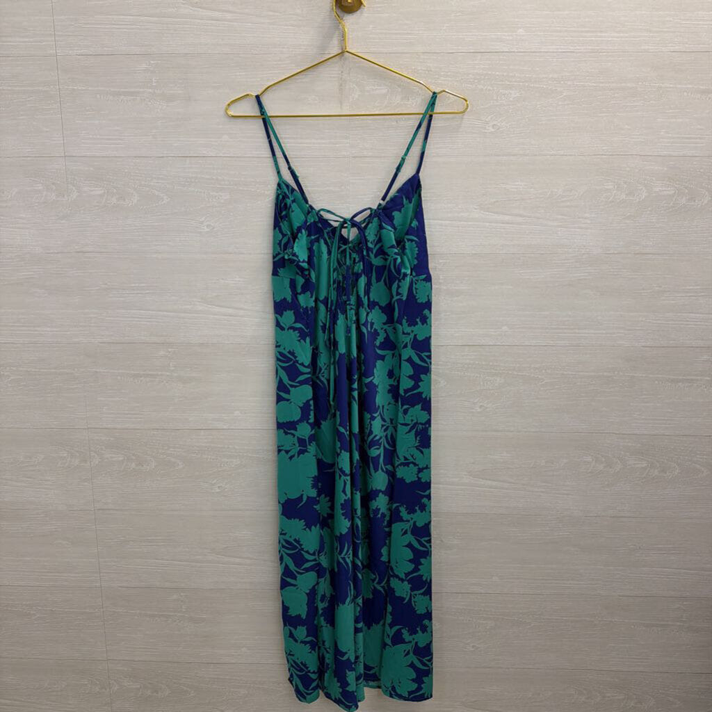 Timing Blue/ Green Print Silky Midi Dress Large