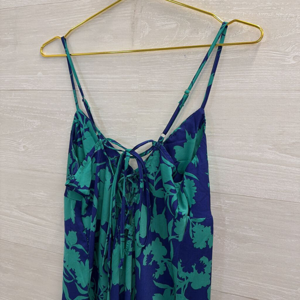Timing Blue/ Green Print Silky Midi Dress Large