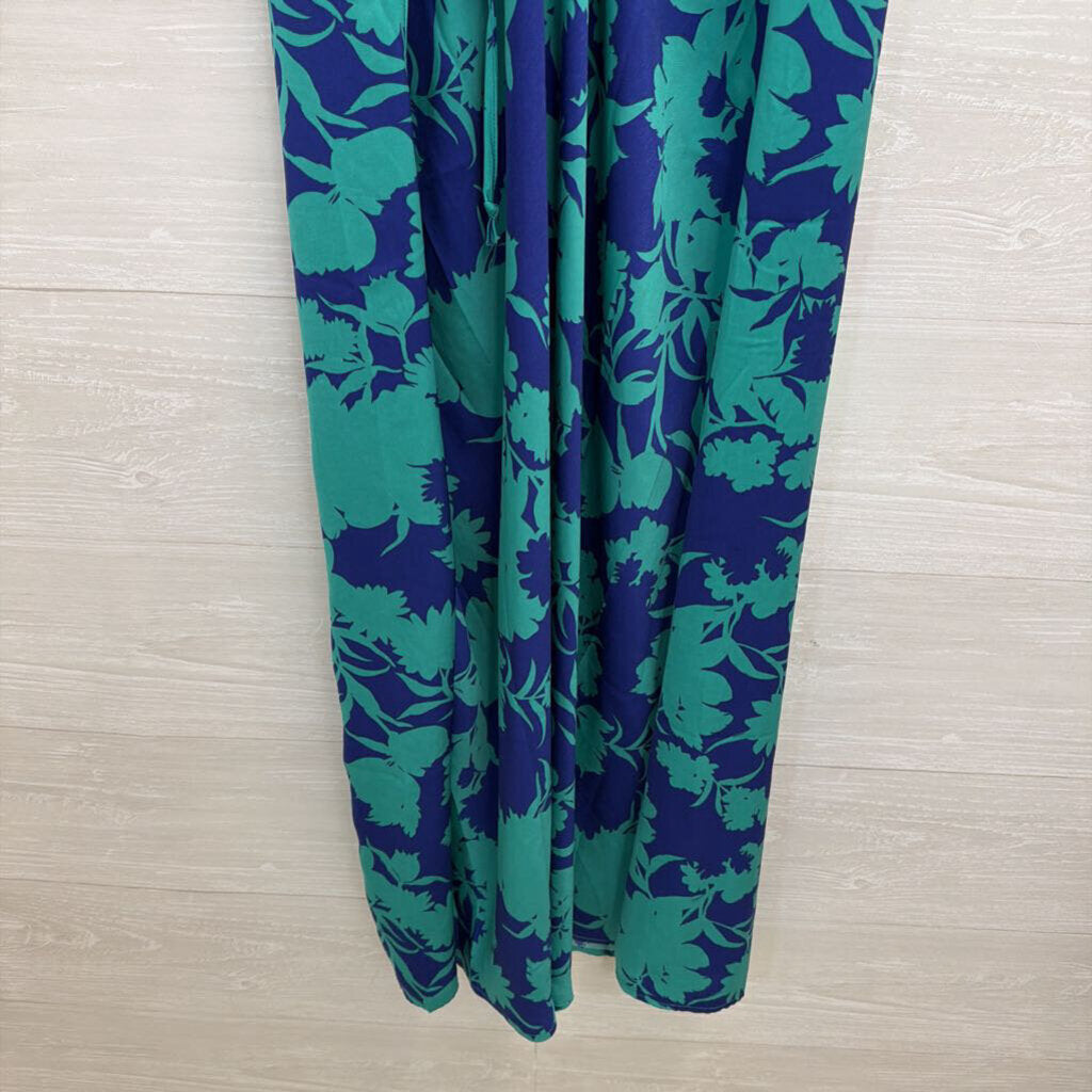 Timing Blue/ Green Print Silky Midi Dress Large