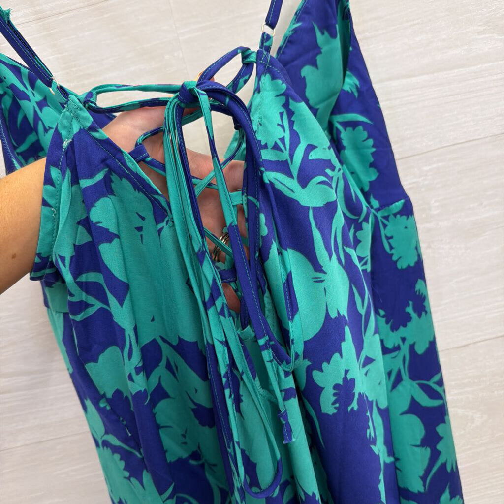 Timing Blue/ Green Print Silky Midi Dress Large