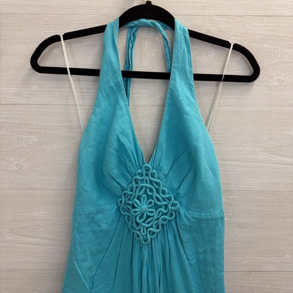 Trina Turk Blue 100% Cotton Halter Neck Dress Small