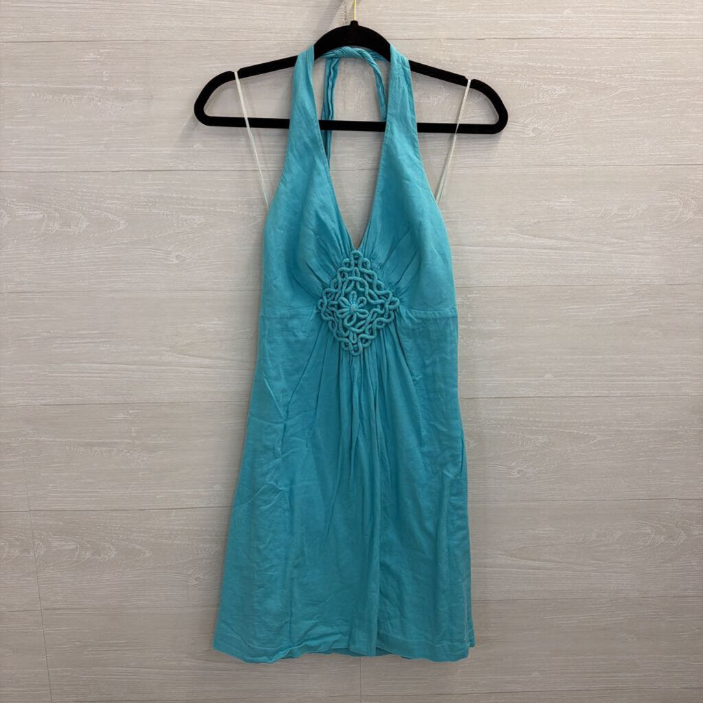 Trina Turk Blue 100% Cotton Halter Neck Dress Small