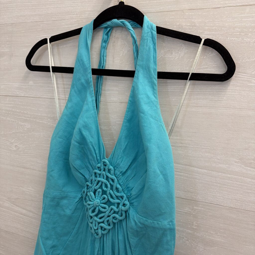 Trina Turk Blue 100% Cotton Halter Neck Dress Small
