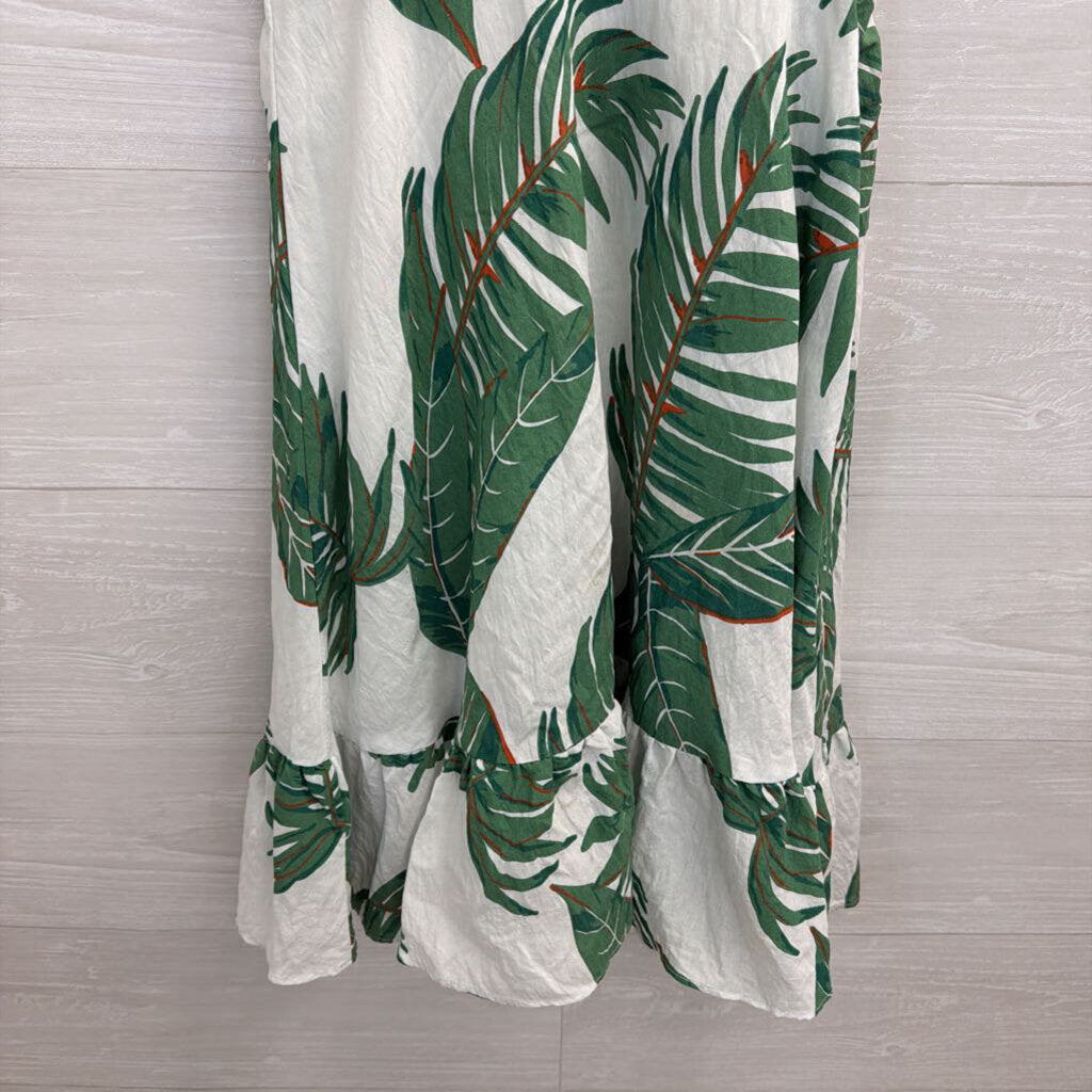 Vernacular White/ Green Leaf Print Dress Small