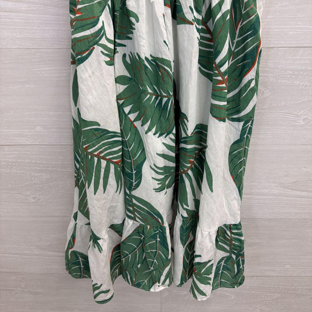 Vernacular White/ Green Leaf Print Dress Small