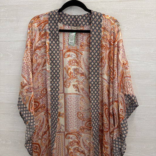 GiGio White/ Orange/ Multi Print Long Sleeve Open Front Duster Kimono Top Extra Large