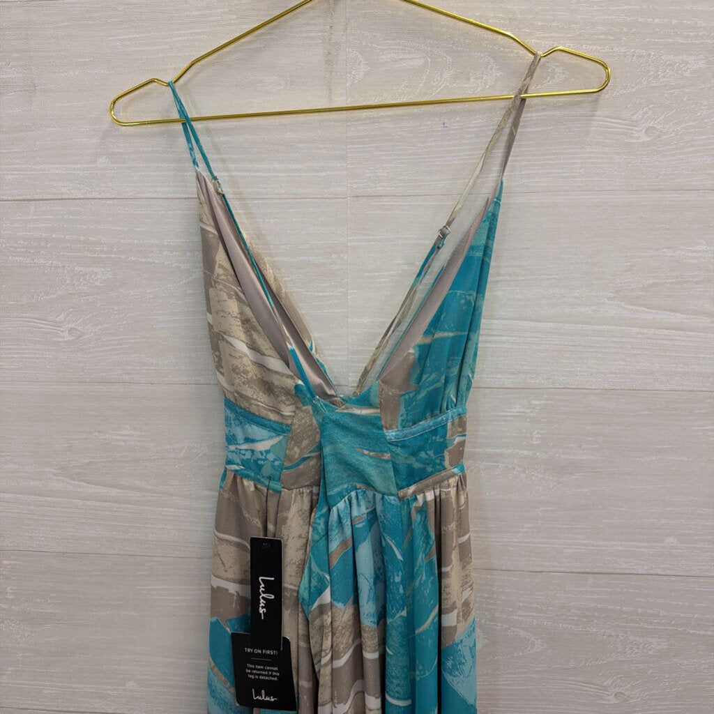Lulus Grey/ Blue Print Maxi Dress Large