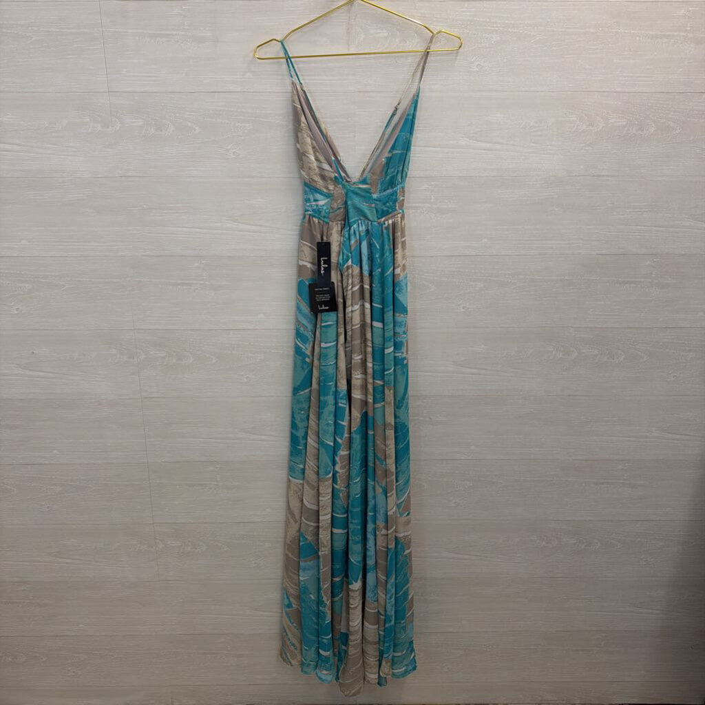 Lulus Grey/ Blue Print Maxi Dress Large