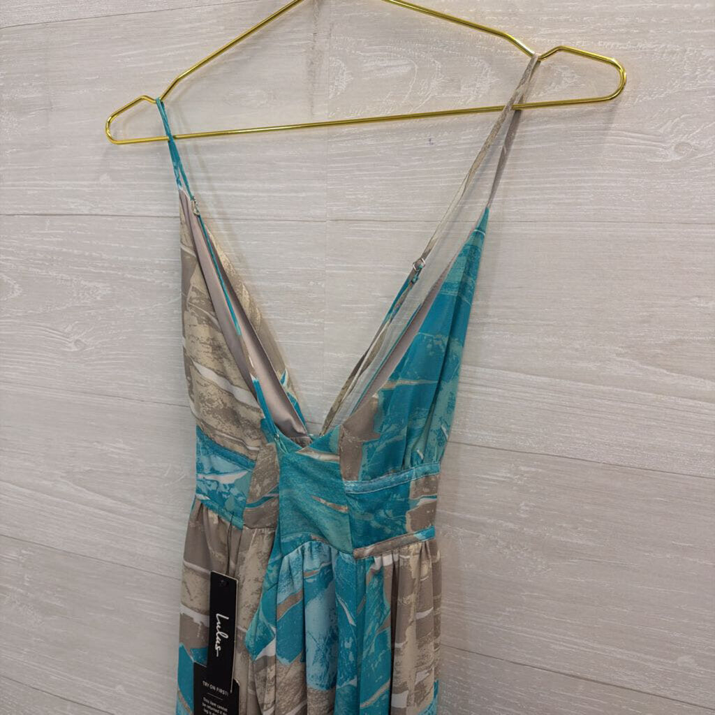 Lulus Grey/ Blue Print Maxi Dress Large