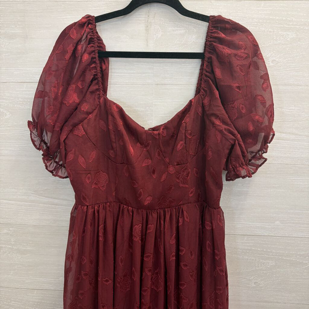 Lulus Burgundy Floral Short Puff Sleeve Maxi Dress Large