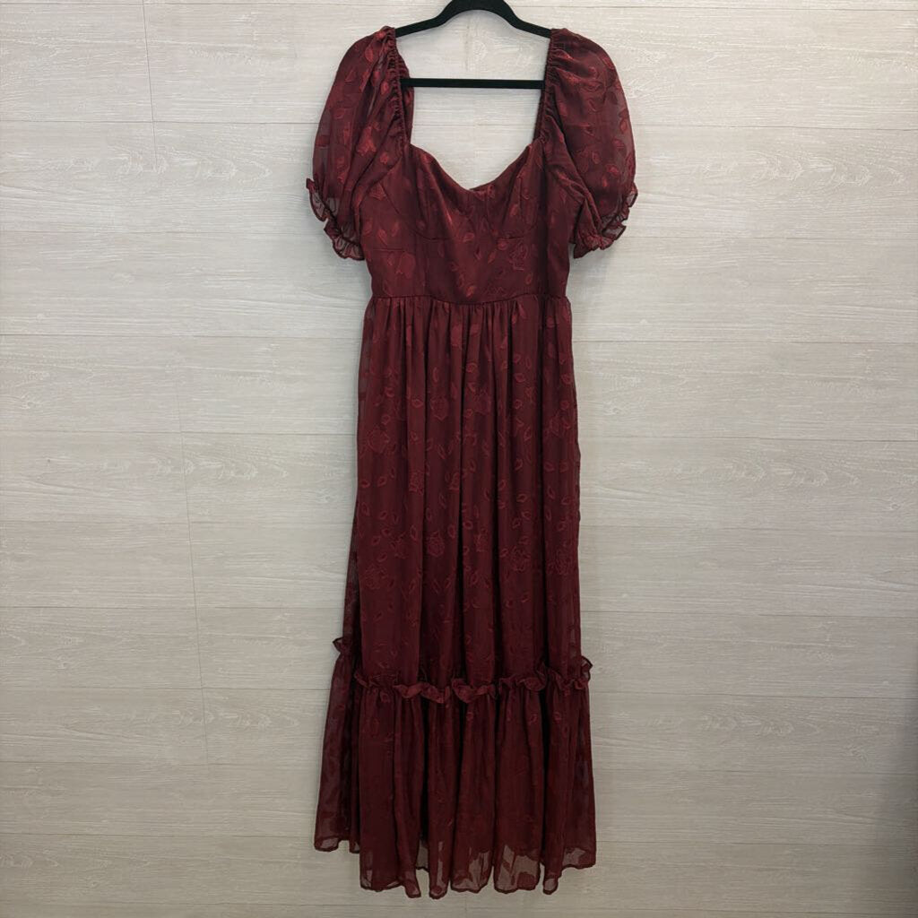 Lulus Burgundy Floral Short Puff Sleeve Maxi Dress Large