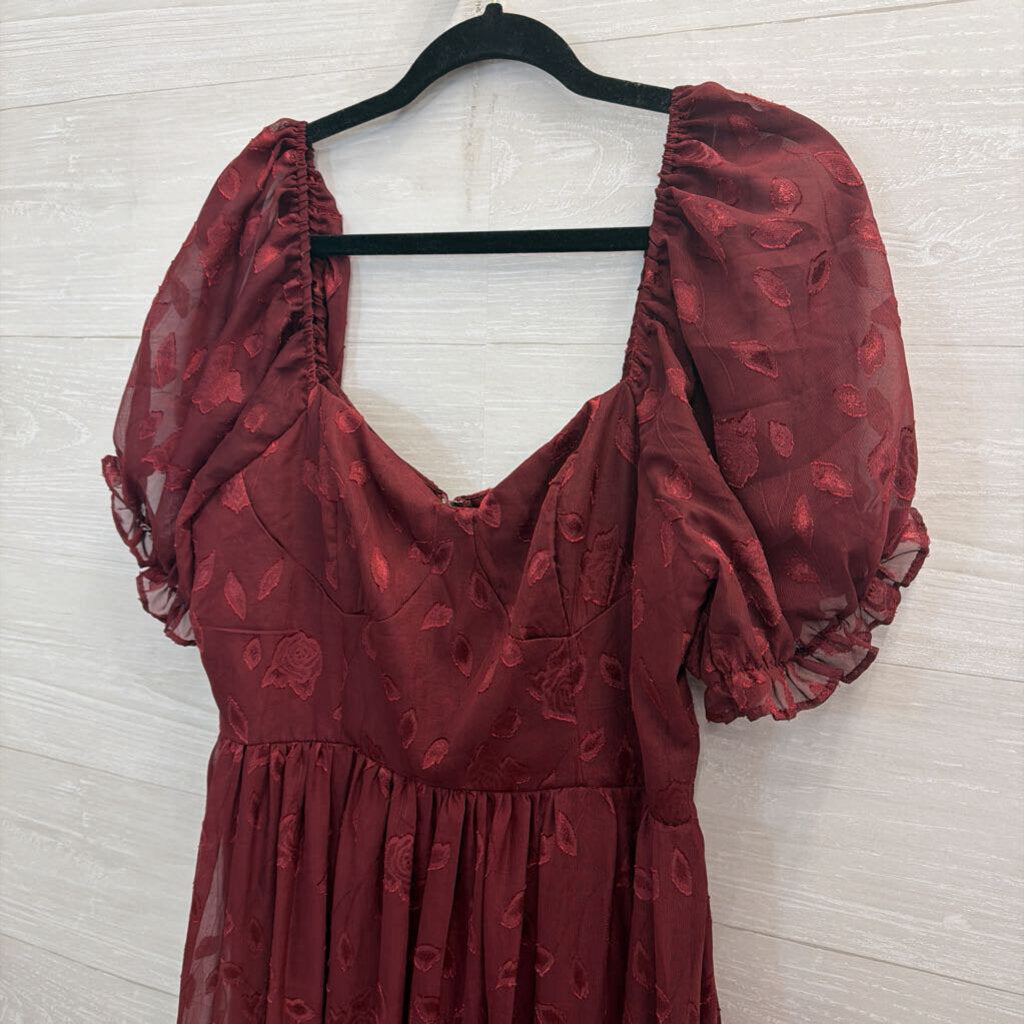 Lulus Burgundy Floral Short Puff Sleeve Maxi Dress Large