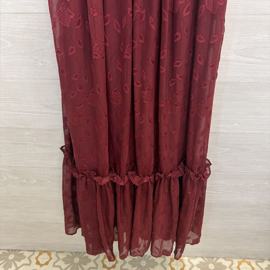 Lulus Burgundy Floral Short Puff Sleeve Maxi Dress Large
