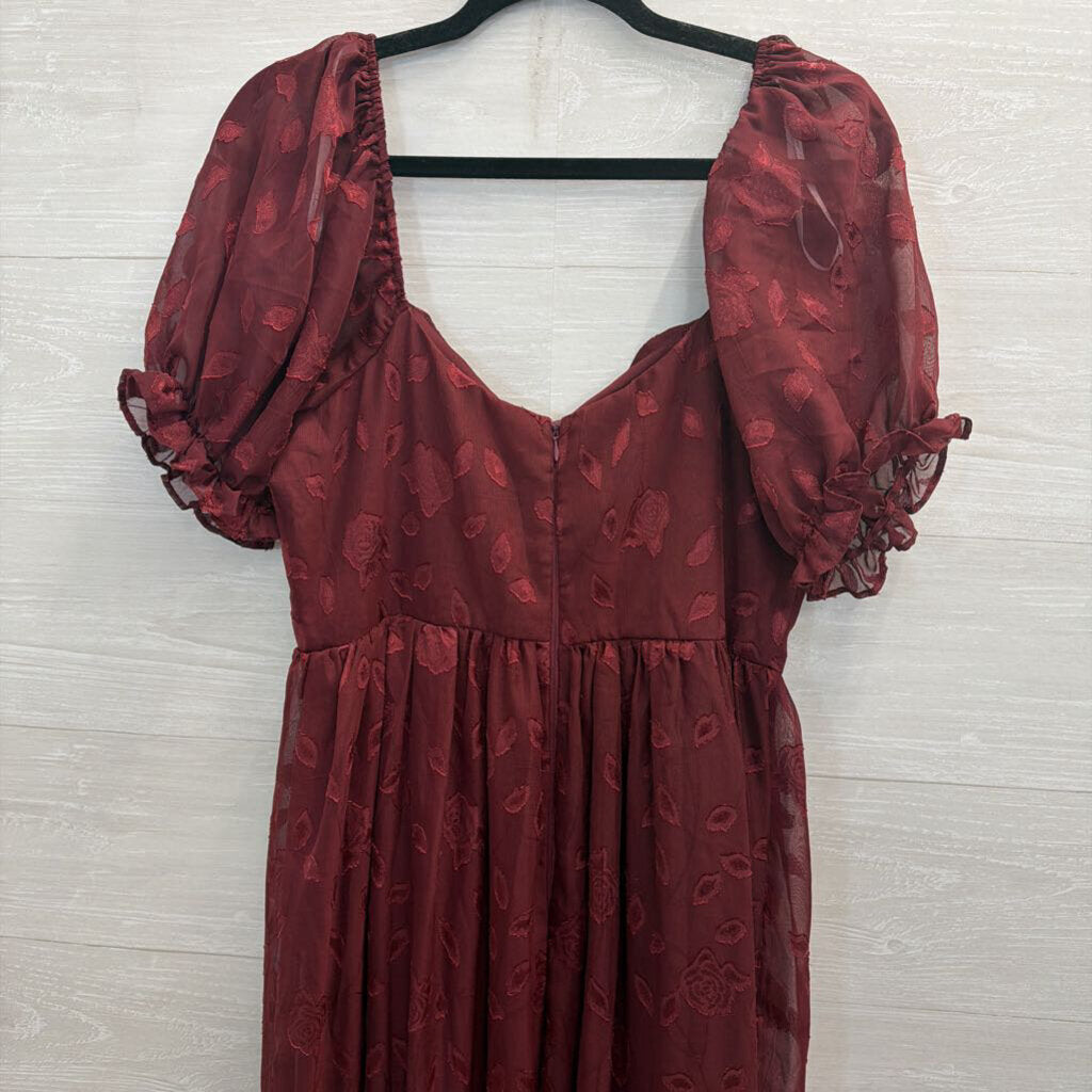 Lulus Burgundy Floral Short Puff Sleeve Maxi Dress Large