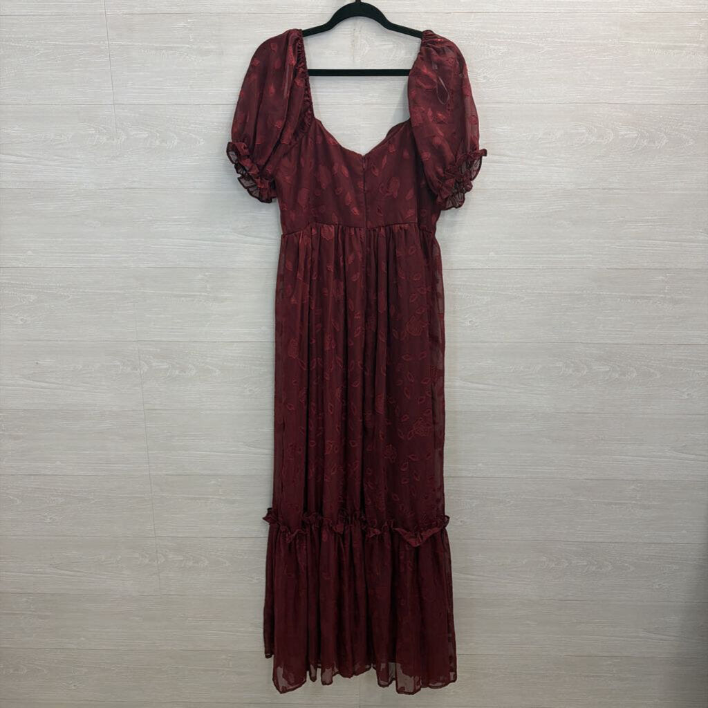 Lulus Burgundy Floral Short Puff Sleeve Maxi Dress Large