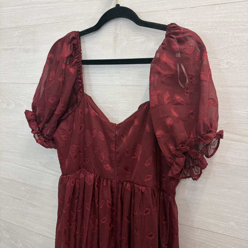 Lulus Burgundy Floral Short Puff Sleeve Maxi Dress Large