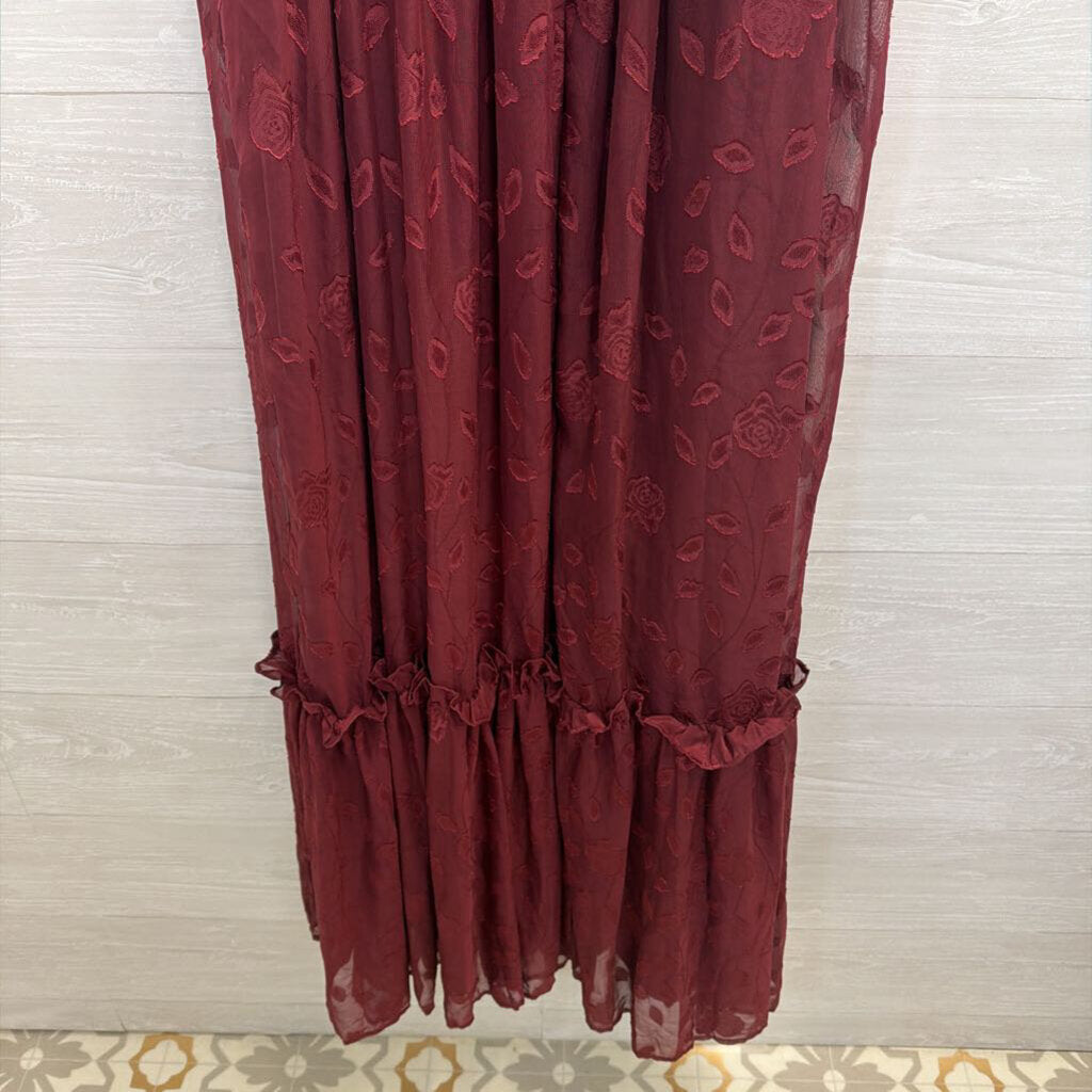 Lulus Burgundy Floral Short Puff Sleeve Maxi Dress Large