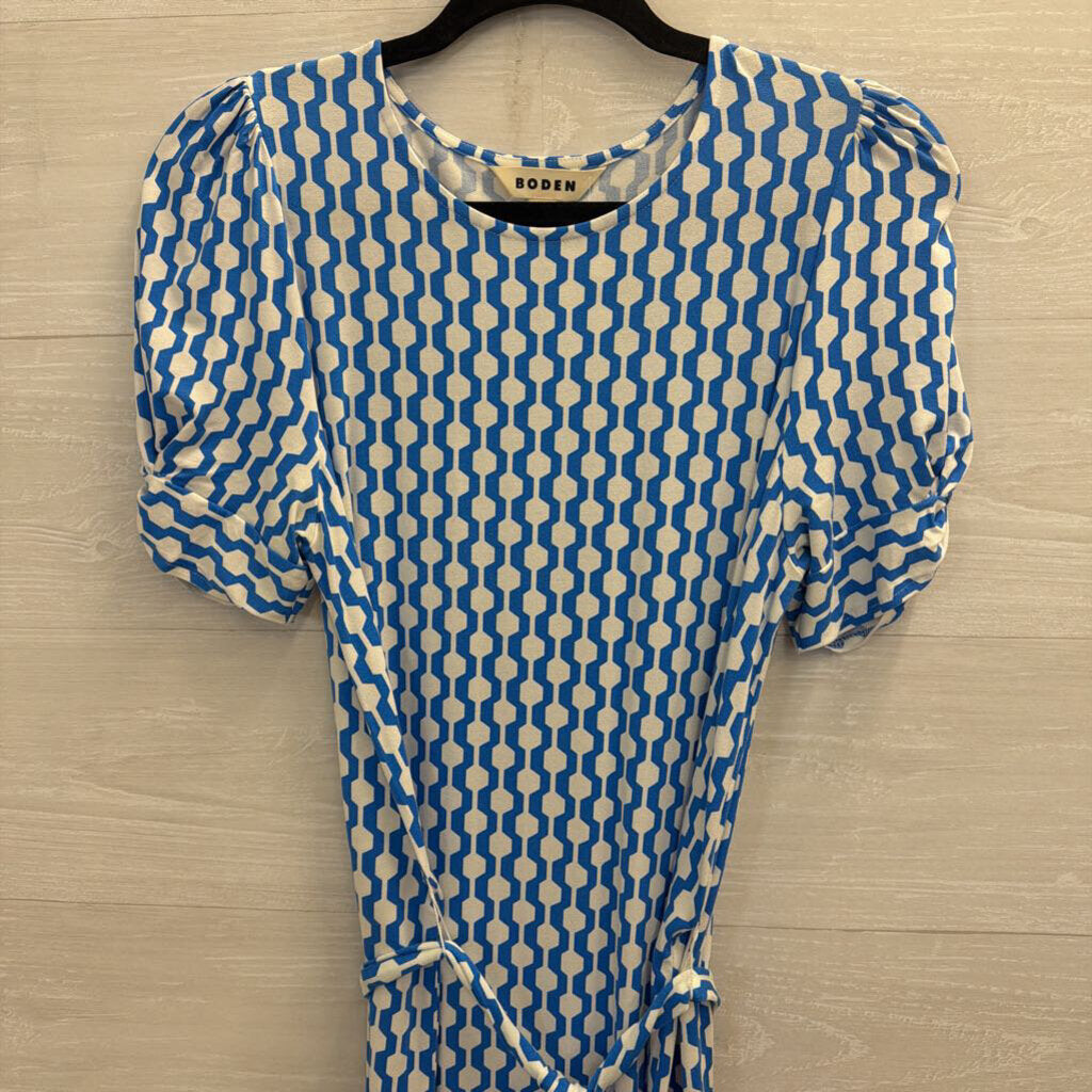 Boden Blue/ White Print Short Sleeve Tie Waist Dress 6L