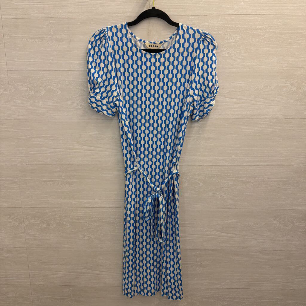 Boden Blue/ White Print Short Sleeve Tie Waist Dress 6L