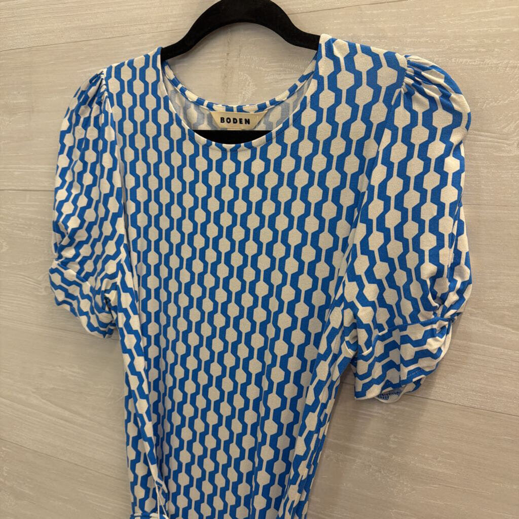 Boden Blue/ White Print Short Sleeve Tie Waist Dress 6L