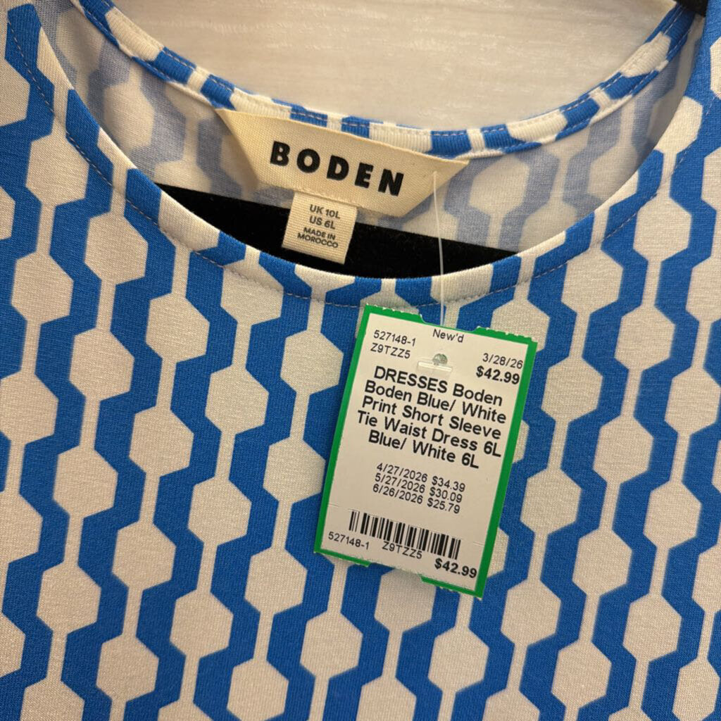 Boden Blue/ White Print Short Sleeve Tie Waist Dress 6L