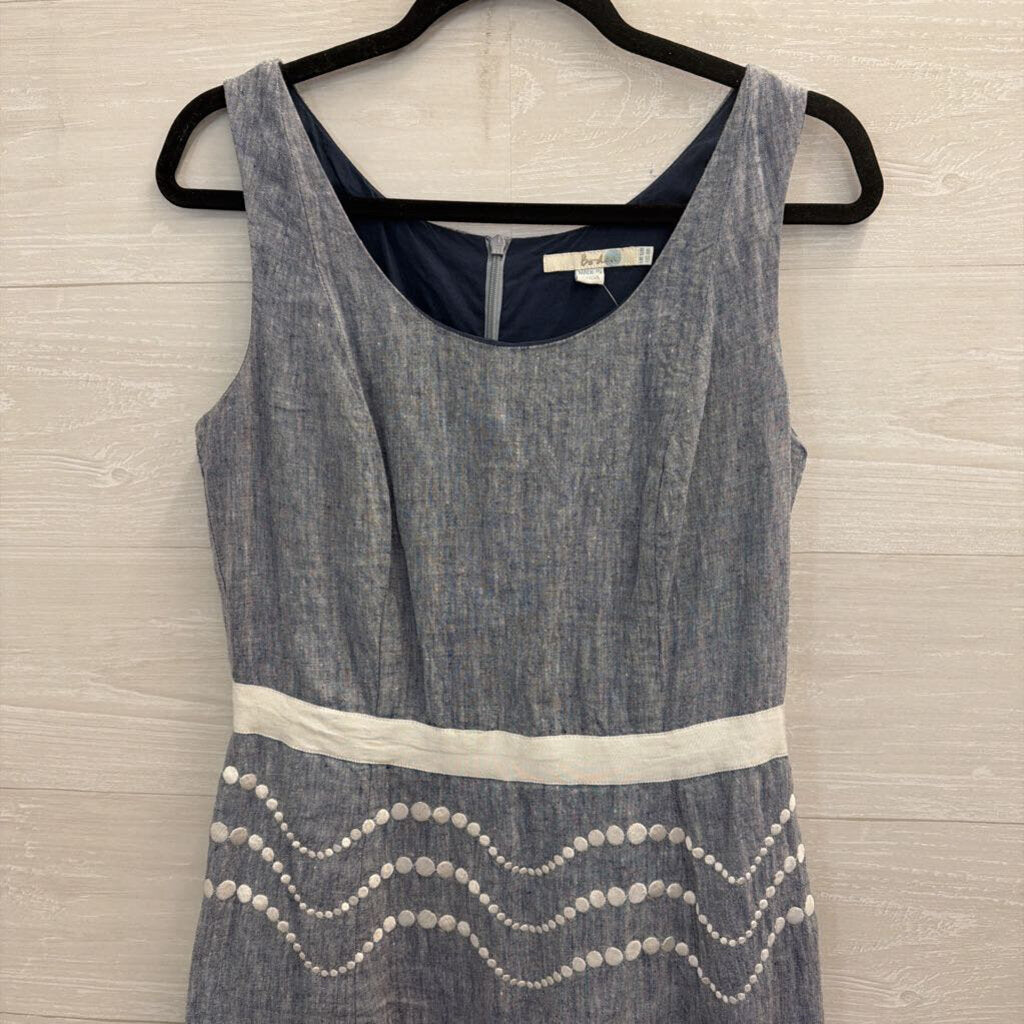 Boden Blue Linen White Embroidered Print Sleeveless Dress 8