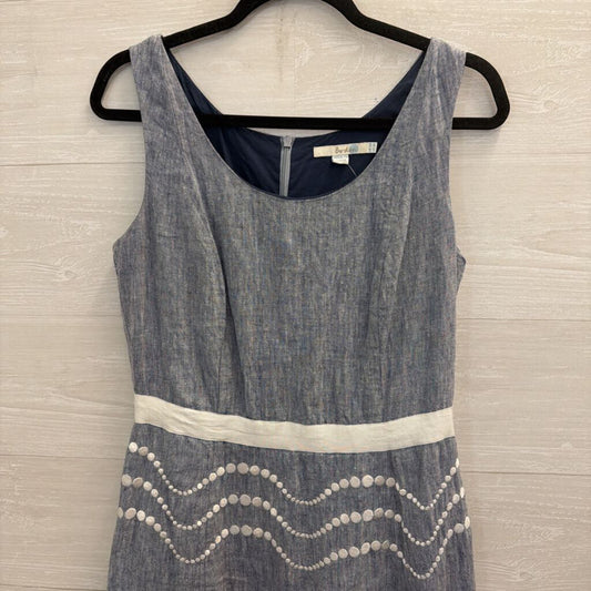 Boden Blue Linen White Embroidered Print Sleeveless Dress 8