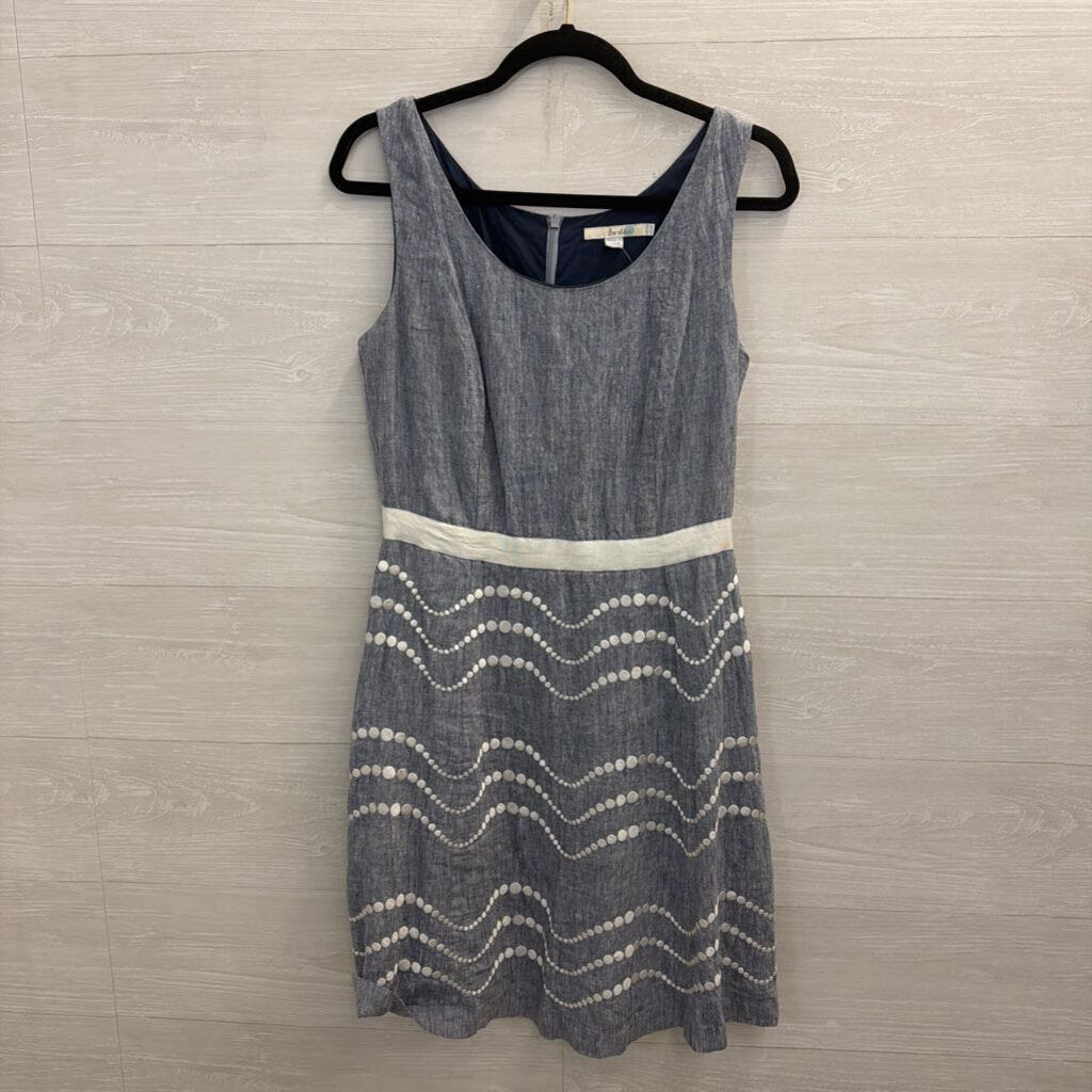 Boden Blue Linen White Embroidered Print Sleeveless Dress 8
