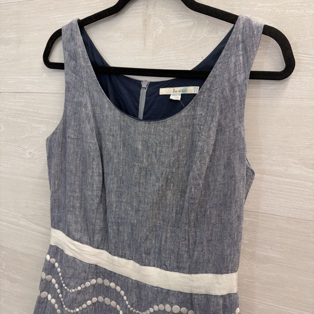 Boden Blue Linen White Embroidered Print Sleeveless Dress 8