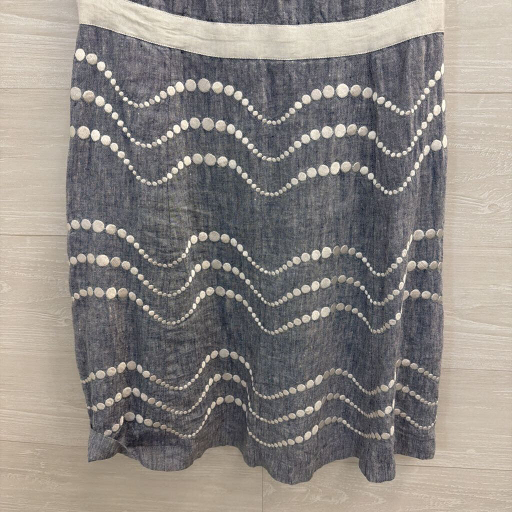Boden Blue Linen White Embroidered Print Sleeveless Dress 8