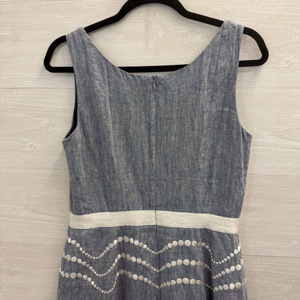 Boden Blue Linen White Embroidered Print Sleeveless Dress 8