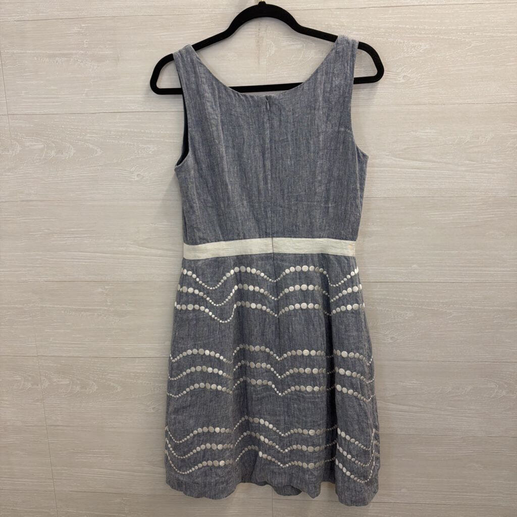 Boden Blue Linen White Embroidered Print Sleeveless Dress 8