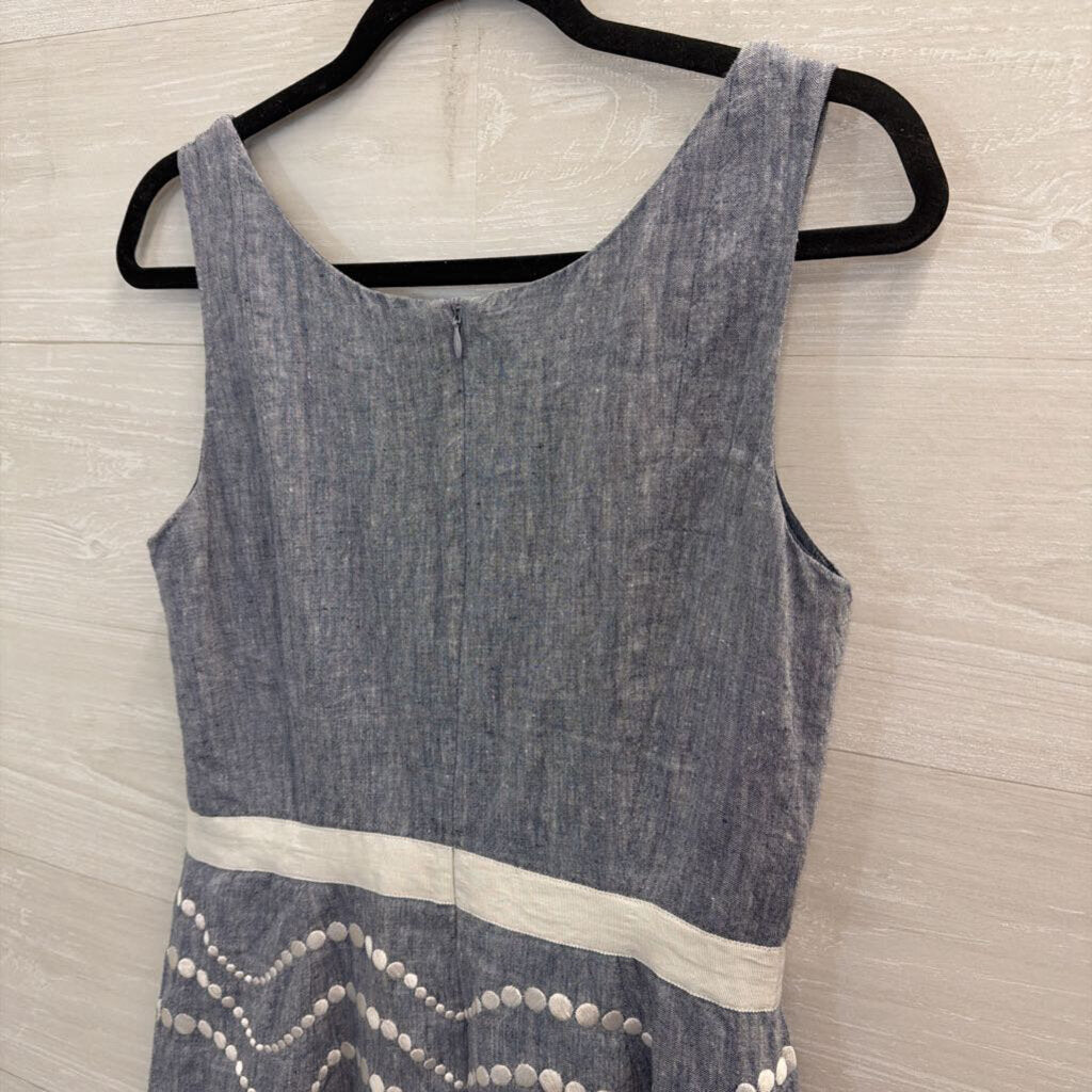 Boden Blue Linen White Embroidered Print Sleeveless Dress 8