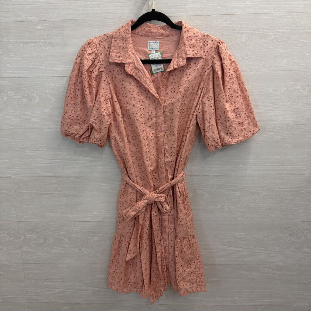 Society Social X Crown and Ivy Pink Eyelet Short Puff Sleeve Button Front Dress Medium