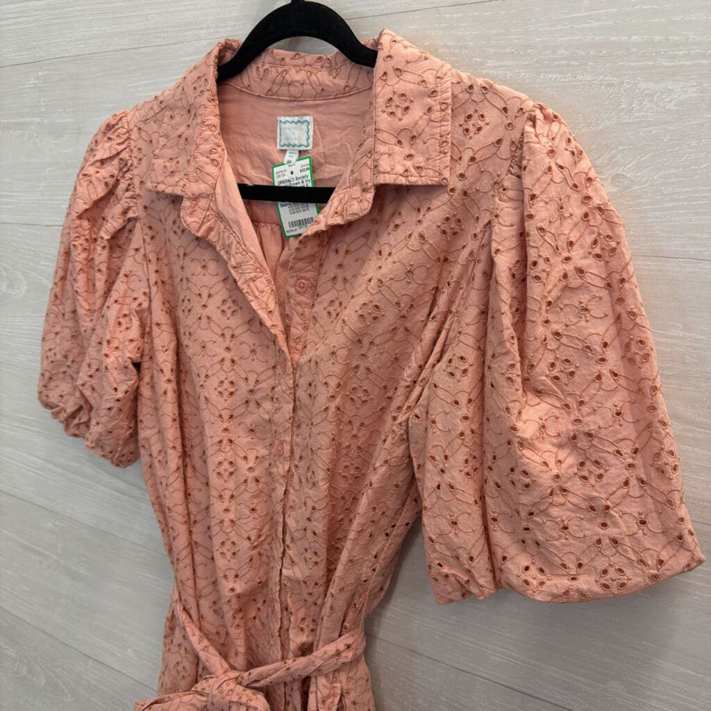 Society Social X Crown and Ivy Pink Eyelet Short Puff Sleeve Button Front Dress Medium