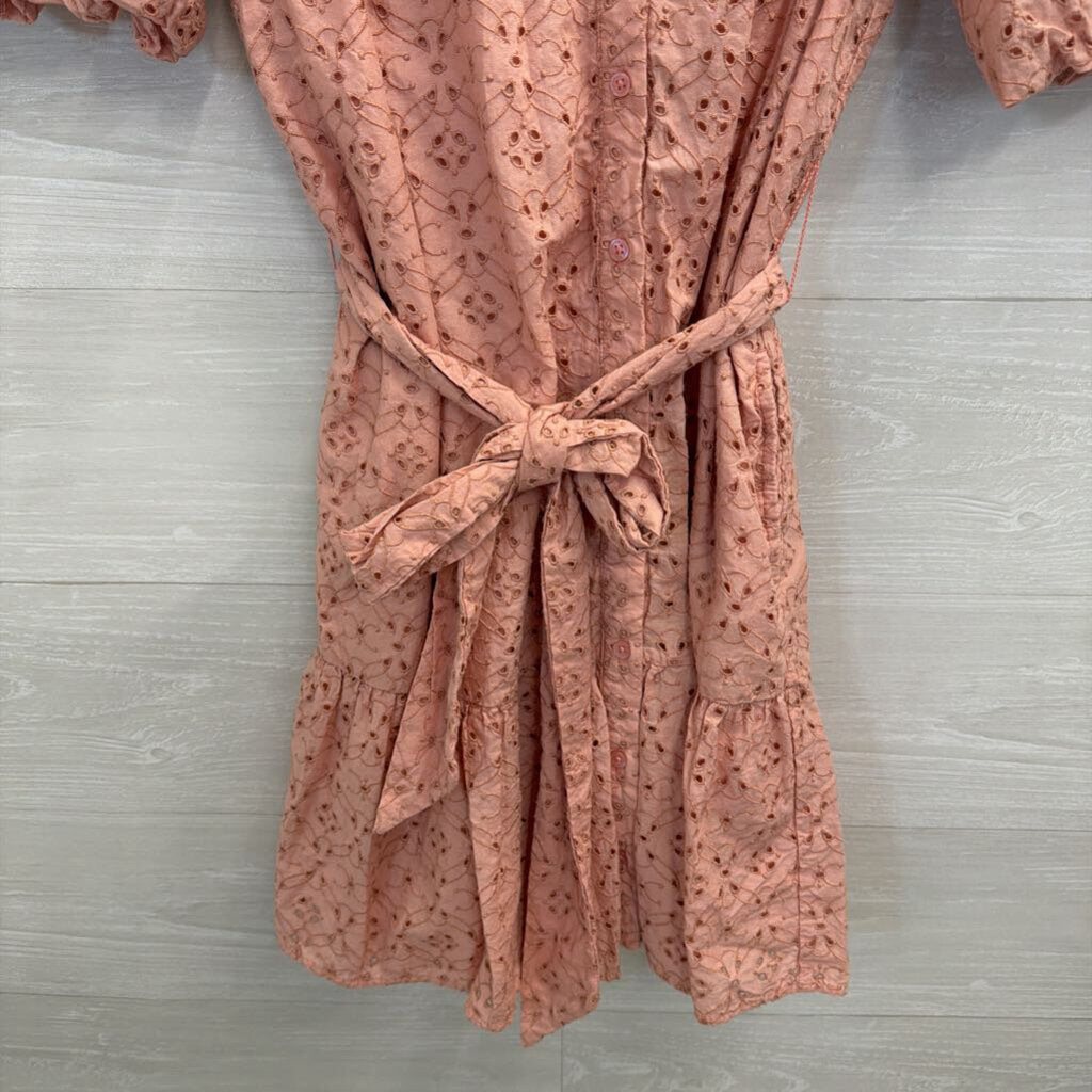 Society Social X Crown and Ivy Pink Eyelet Short Puff Sleeve Button Front Dress Medium