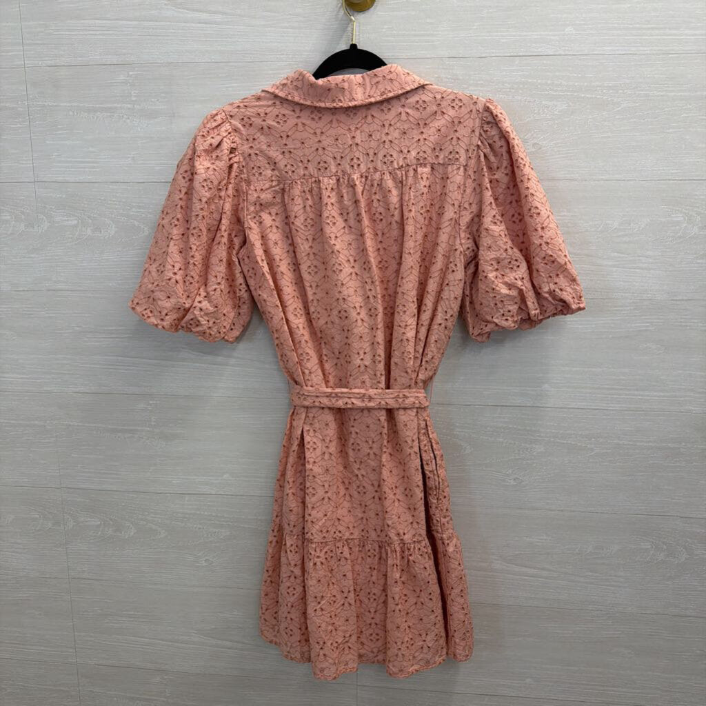 Society Social X Crown and Ivy Pink Eyelet Short Puff Sleeve Button Front Dress Medium