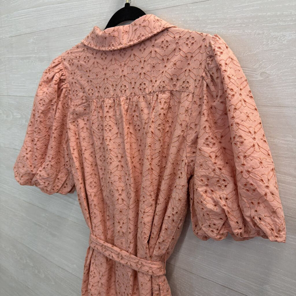 Society Social X Crown and Ivy Pink Eyelet Short Puff Sleeve Button Front Dress Medium
