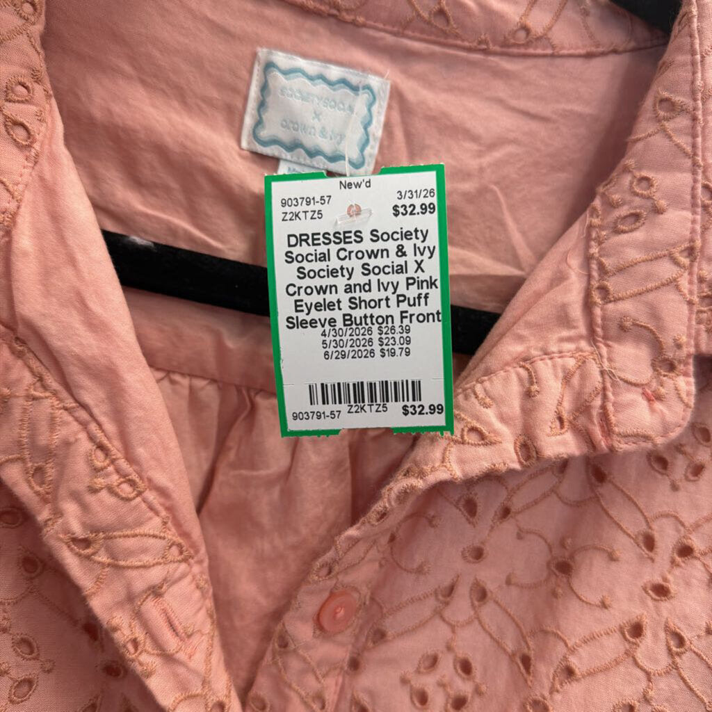 Society Social X Crown and Ivy Pink Eyelet Short Puff Sleeve Button Front Dress Medium