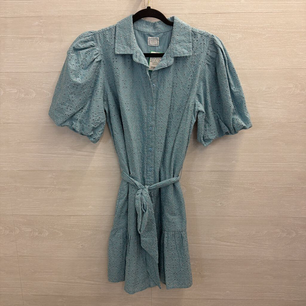 Society Social X Crown and Ivy Blue Eyelet Short Puff Sleeve Button Front Dress Medium